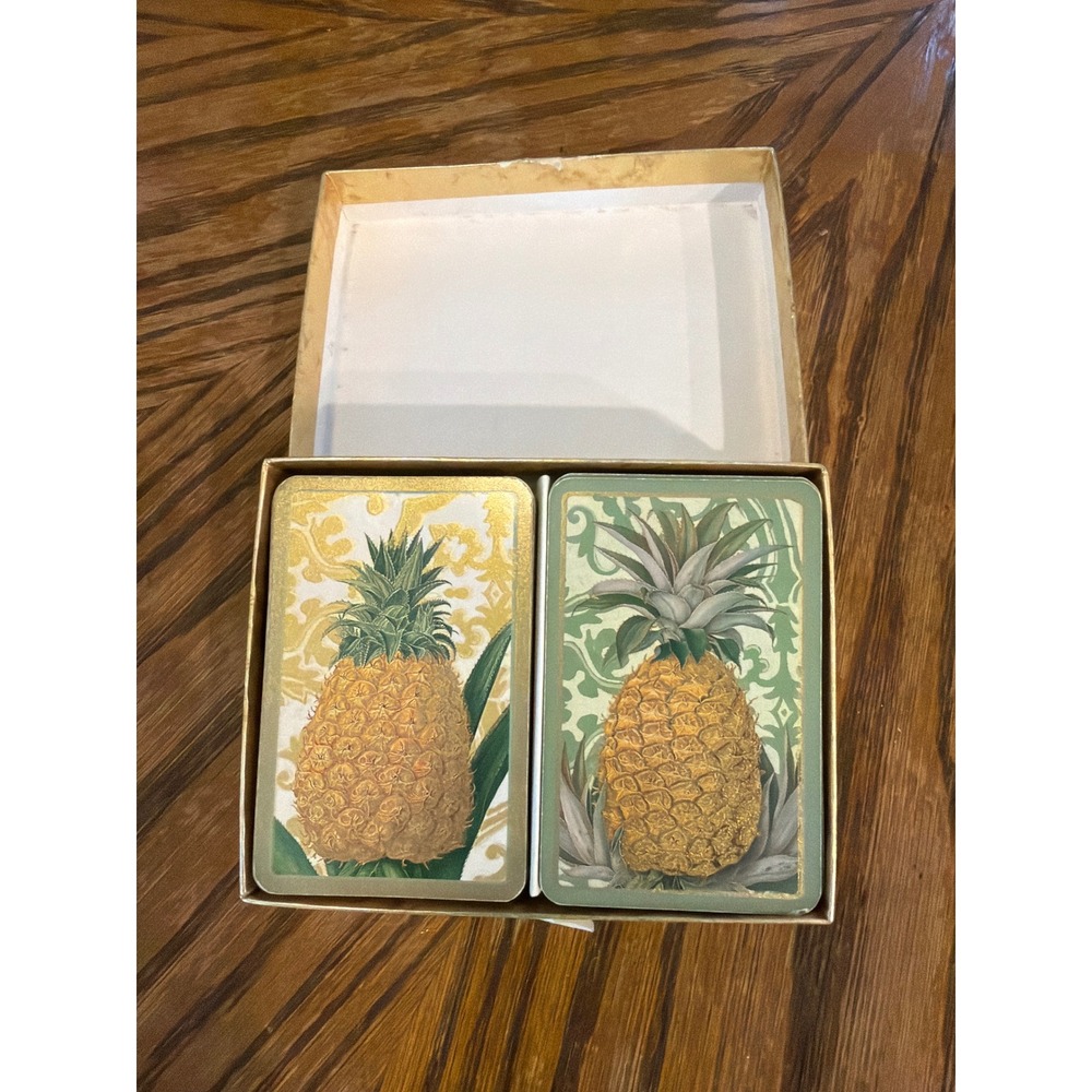 Caspari Playing Cards Double Deck Set Gold Green Pineapple Botanical Damask Box